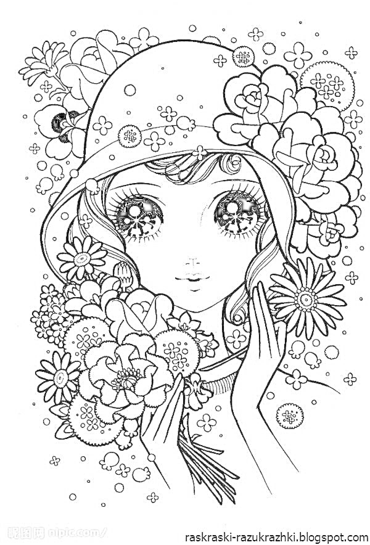 Раскраска Девушка в шляпе с цветами, вокруг нее много цветов и украшений