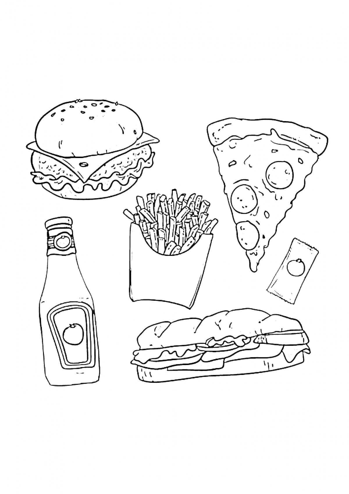 На раскраске изображено: Еда, Бургер, Пицца, Картофель фри, Бутерброд, Соус, Напиток, Фаст-фуд
