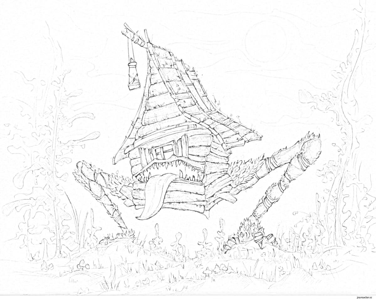На раскраске изображено: Курьи ножки, Лес, Сказочный дом, Деревянный дом, Лесные растения