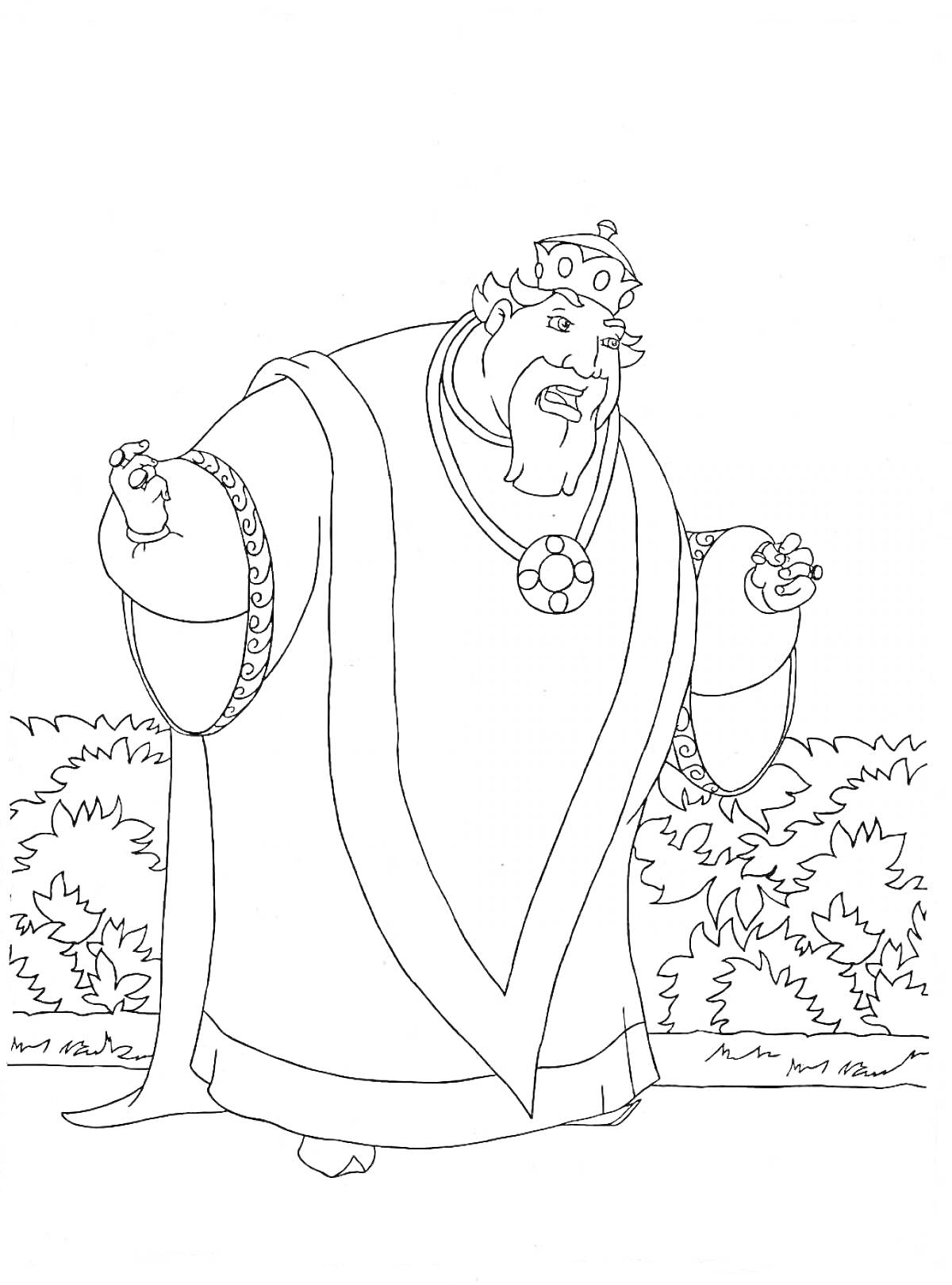 На раскраске изображено: Князь, Три богатыря, Длинная одежда, Кусты