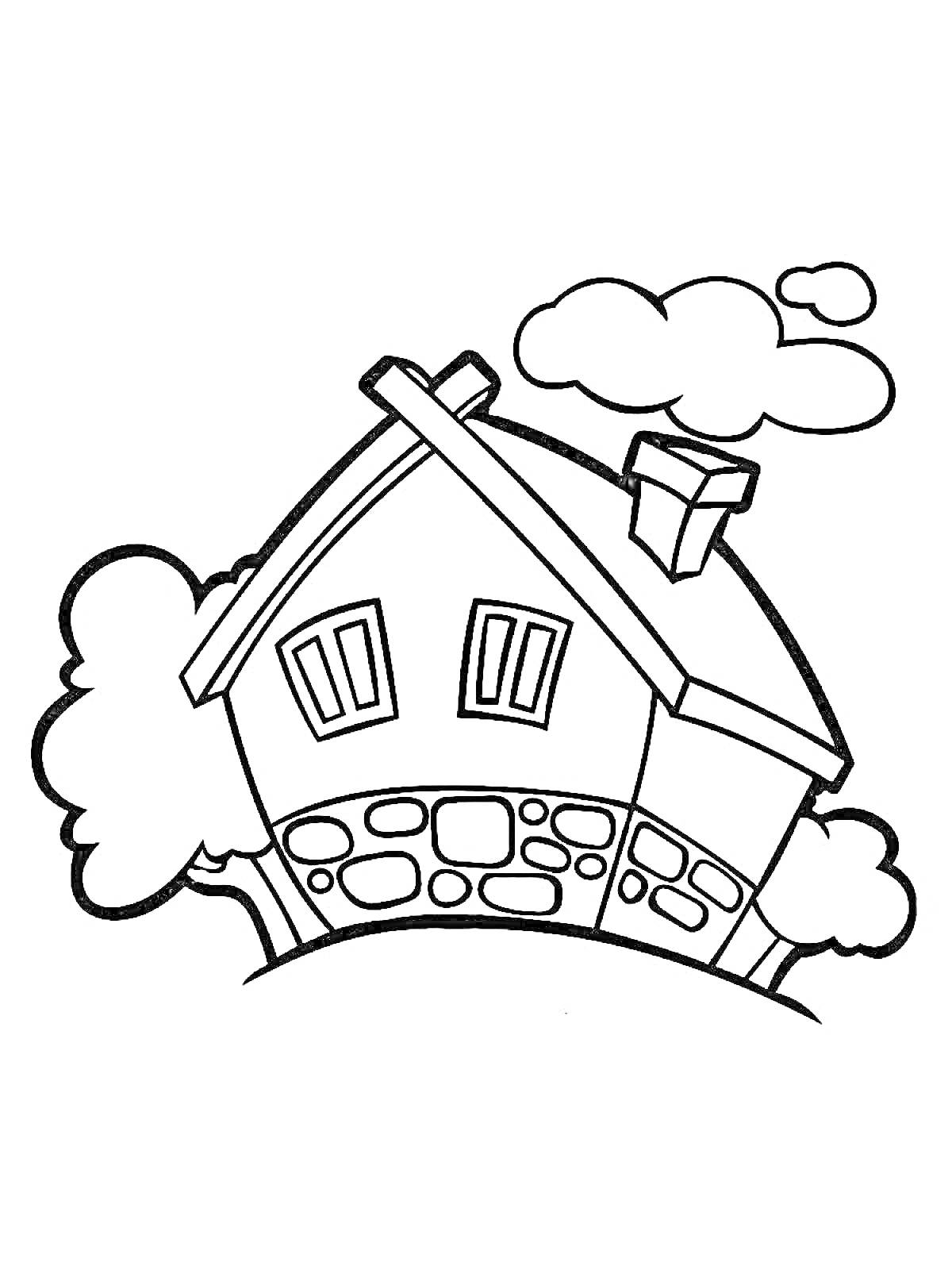 Раскраска Домик на холме с каменным основанием, окнами, трубой и кустами, окруженный облаками