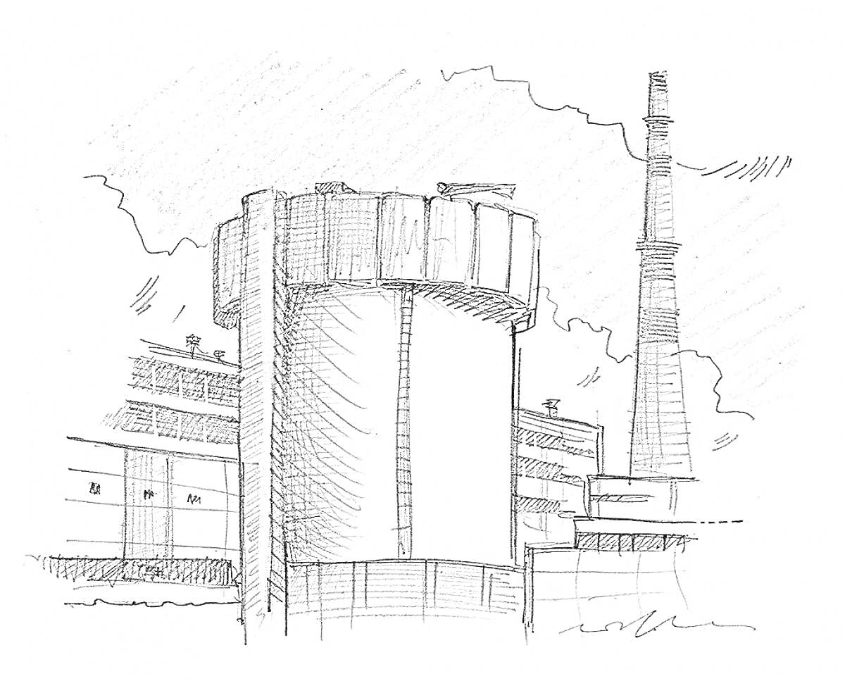 Раскраска Чернобыльская АЭС, реактор и здания, труба электростанции, здания станции