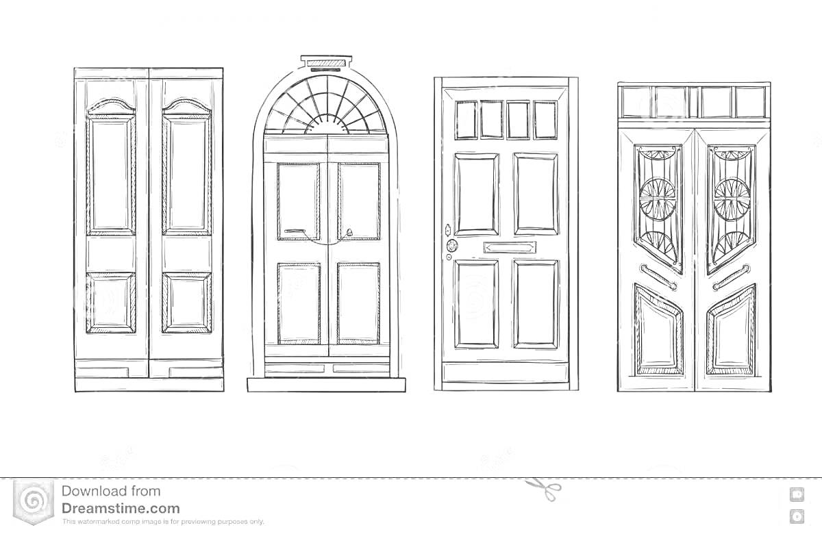 Раскраска Четыре двери с различными дизайнами, включая арочные и орнаментированные