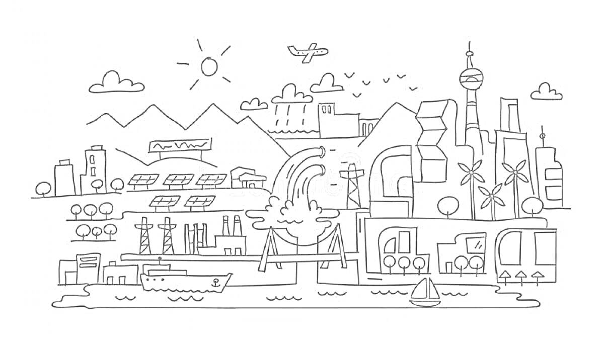Раскраска Город будущего с солнечными панелями, ветряными турбинами, кораблем, башнями, самолётом, горами и парусником
