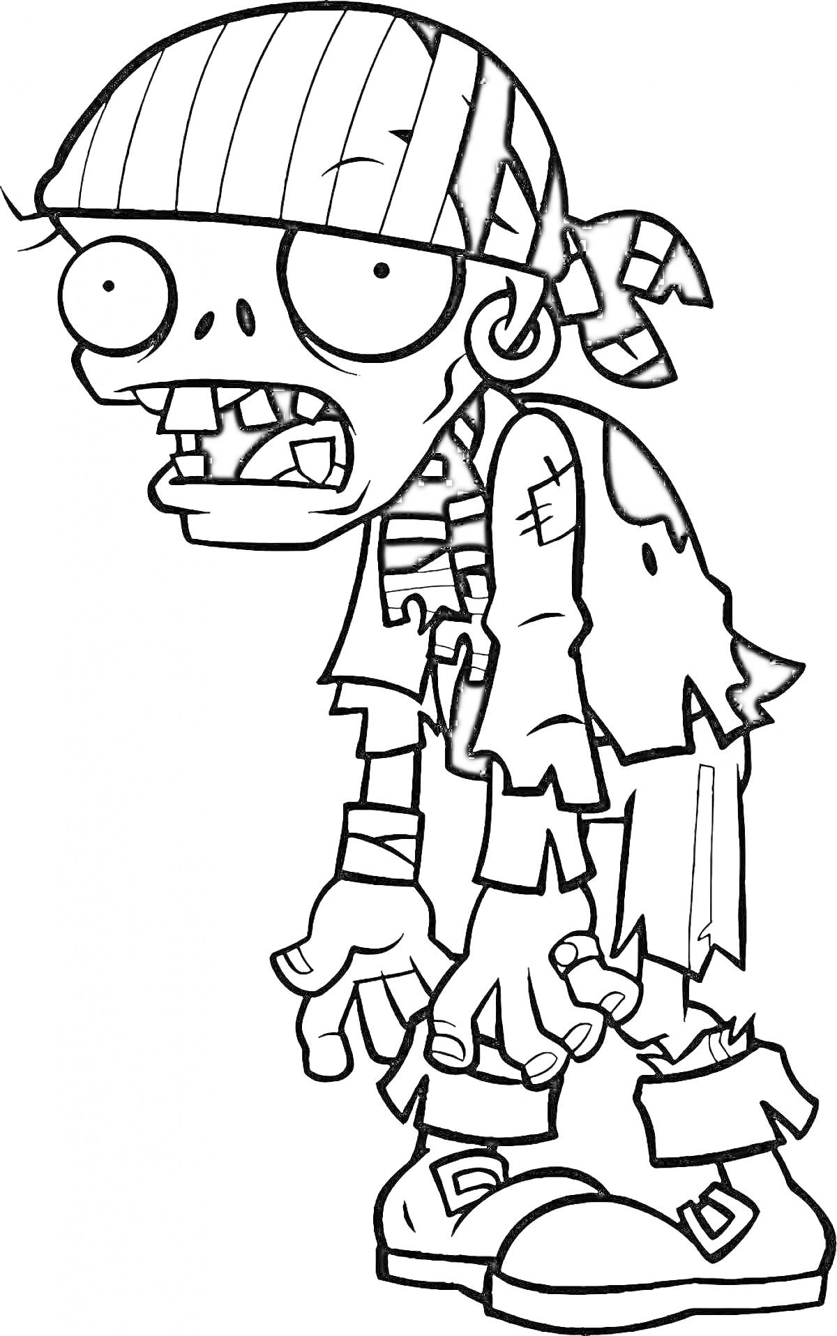 Раскраска Зомби с повязкой на голове и в поношенной одежде