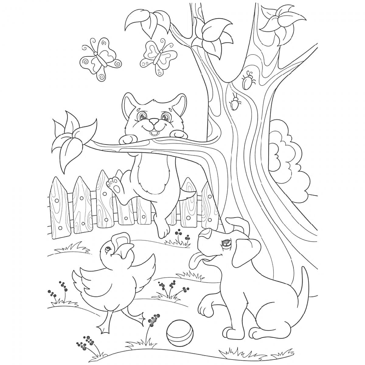 На раскраске изображено: Кот, Собака, Утка, Забор, Трава, Цветы