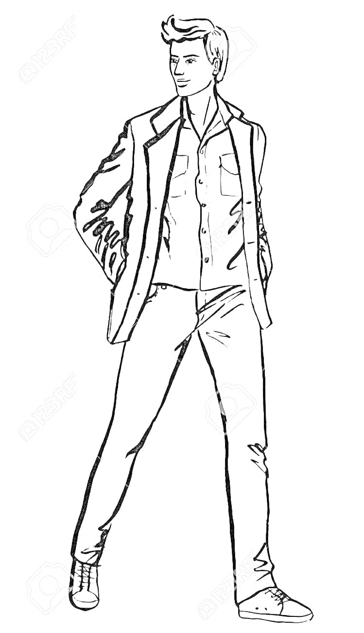 Раскраска Мужчина в пиджаке и рубашке, руки в карманах, обут в туфли