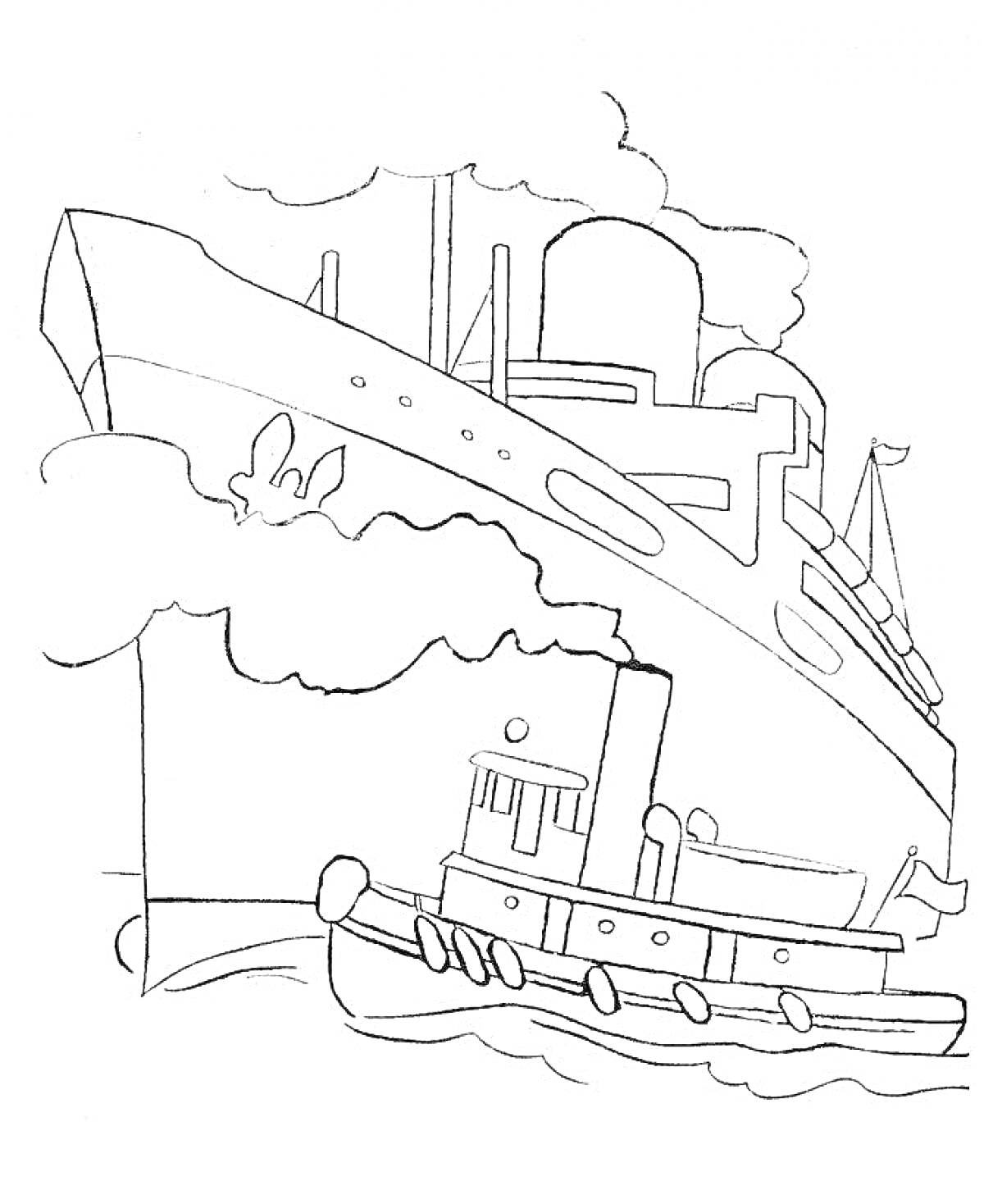 На раскраске изображено: Буксир, Пароход, Корабль, Вода, Дым, Облака, Морское судно, Флаг, Транспорт