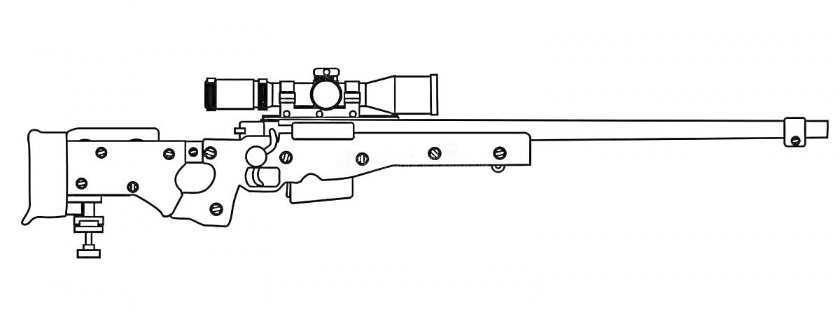 На раскраске изображено: Снайперская винтовка, Оружие, Прицел, Сошки