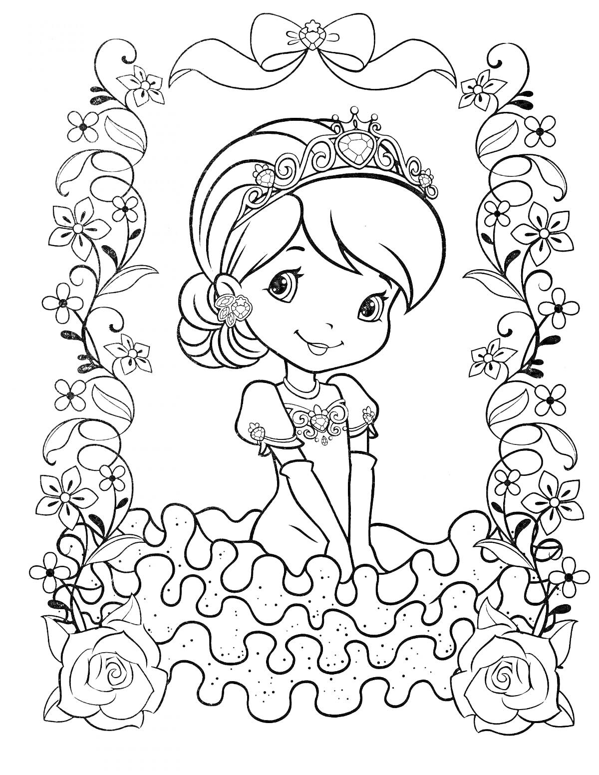 Раскраска Принцесса в короне с ободком в цветах и пышном платье, окружённая цветами и листьями, с декоративным бантом вверху и розами по бокам