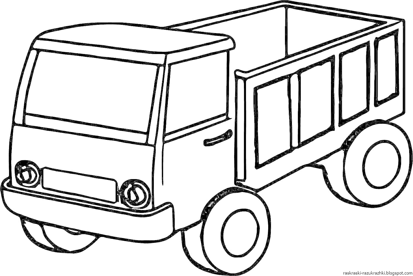 На раскраске изображено: Фургон, Окна, Фары, Колёса, Транспорт