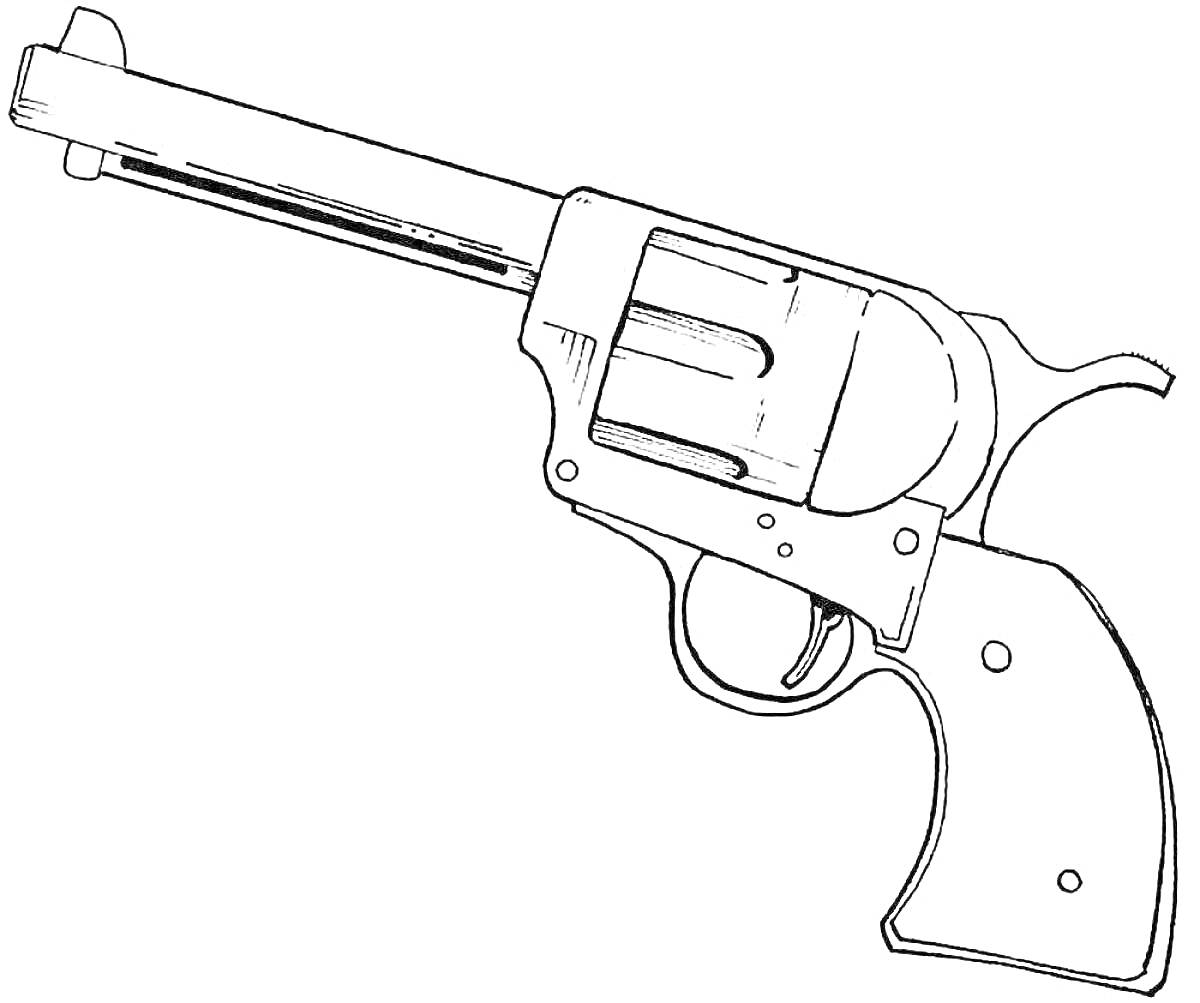Раскраска Револьвер с длинным стволом, курком и круглым барабаном