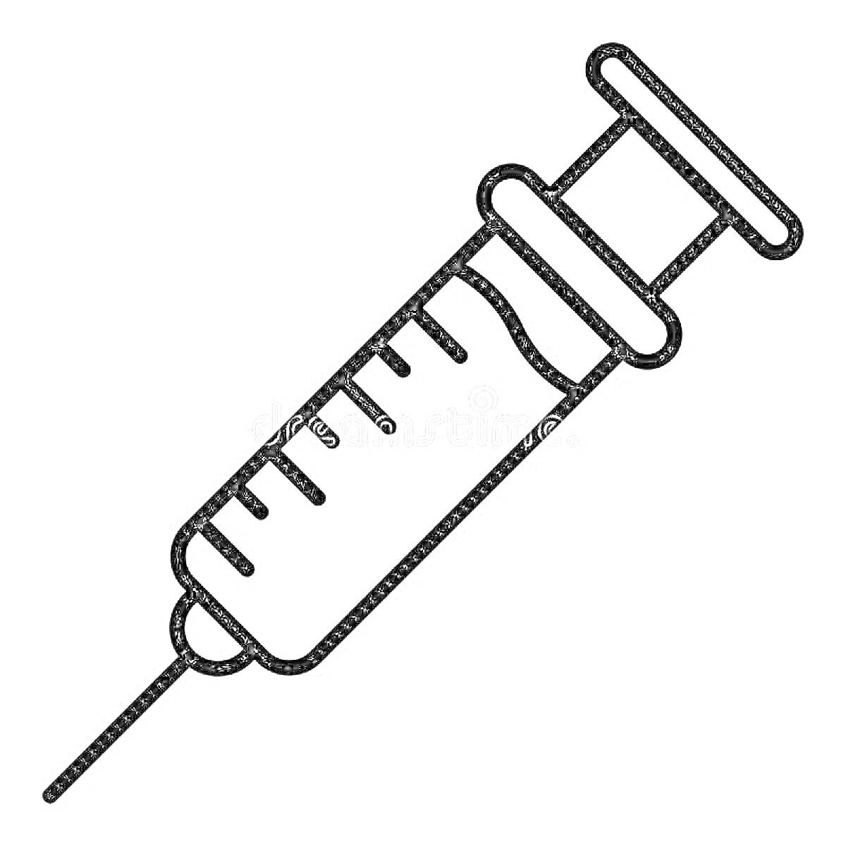 На раскраске изображено: Шприц, Медицина, Медицинское оборудование, Инструмент, Инъекция, Мерная шкала