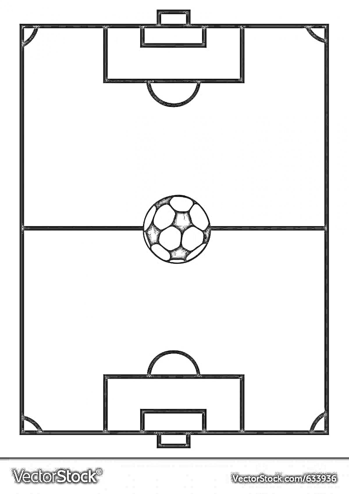 На раскраске изображено: Футбольное поле, Ворота, Футбольный мяч, Центральный круг, Спорт, Линии, Разметка, Футбол