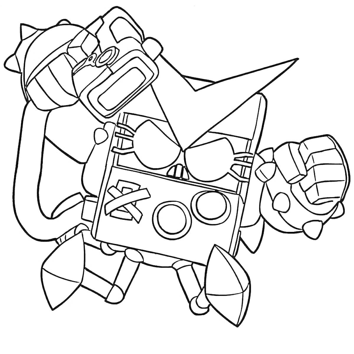 Раскраска Ворон Браво Старс с острыми шипами на локтях и кулаках, закрывающий лицо маской с двумя кругами и крестиком, в поднятой правой руке держит бомбу с шипами