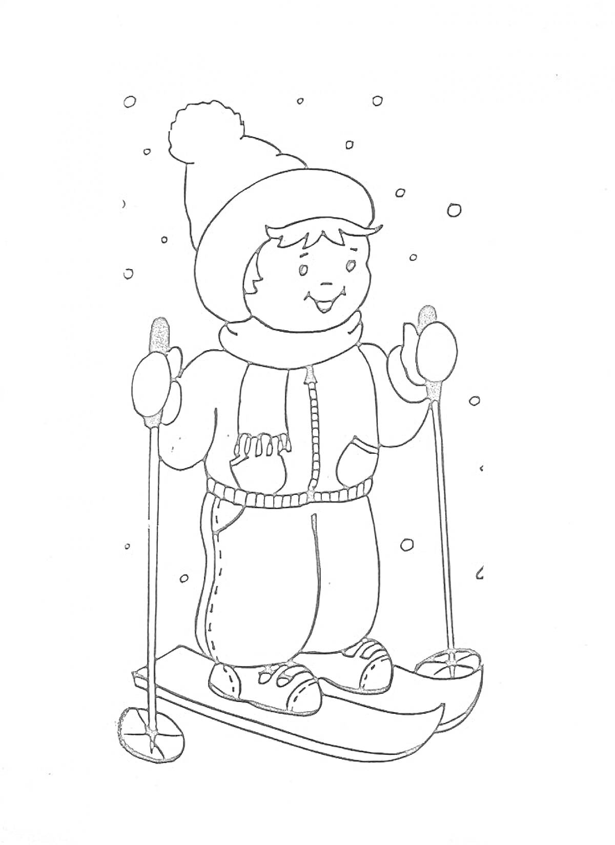 Раскраска Ребёнок на лыжах зимой, снег, лыжи, палки, шапка, шарф, варежки, снегопад