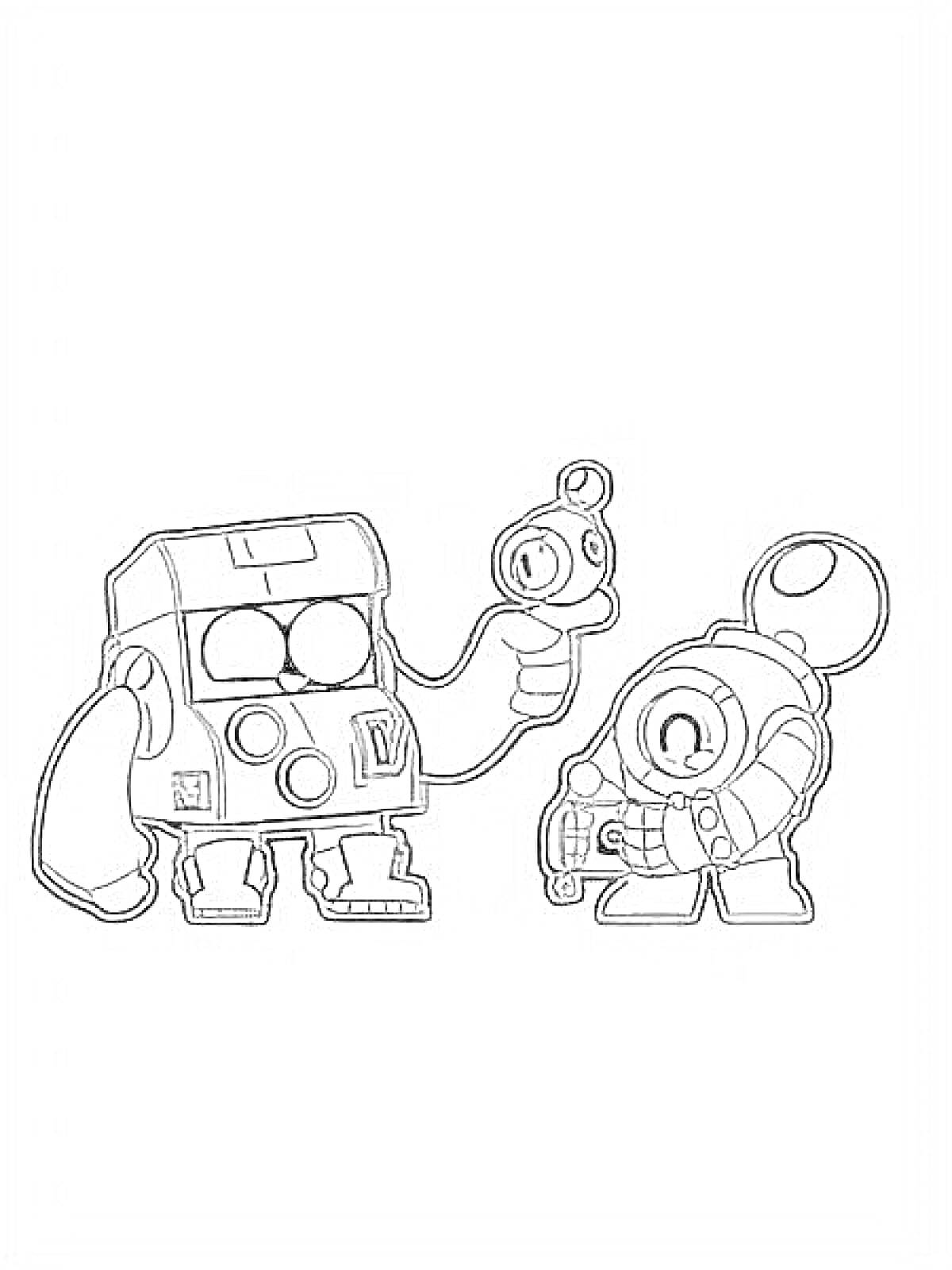 Раскраска Два персонажа Спраут из видеоигры, один из которых держит предмет в руках