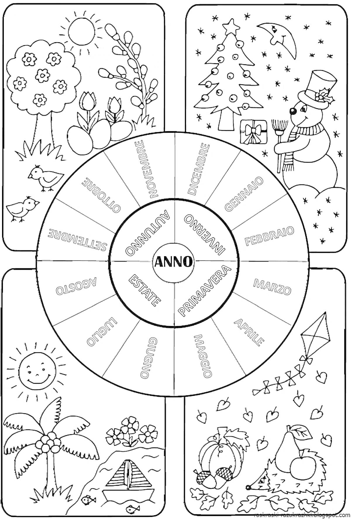 Раскраска Раскраска - недельный круг для 1 класса с изображением весны с деревьями и цветами, зимы со снеговиком и ёлкой, лета с солнышком, пальмами и палаткой, осени с фруктами, листьями и воздушным змеем