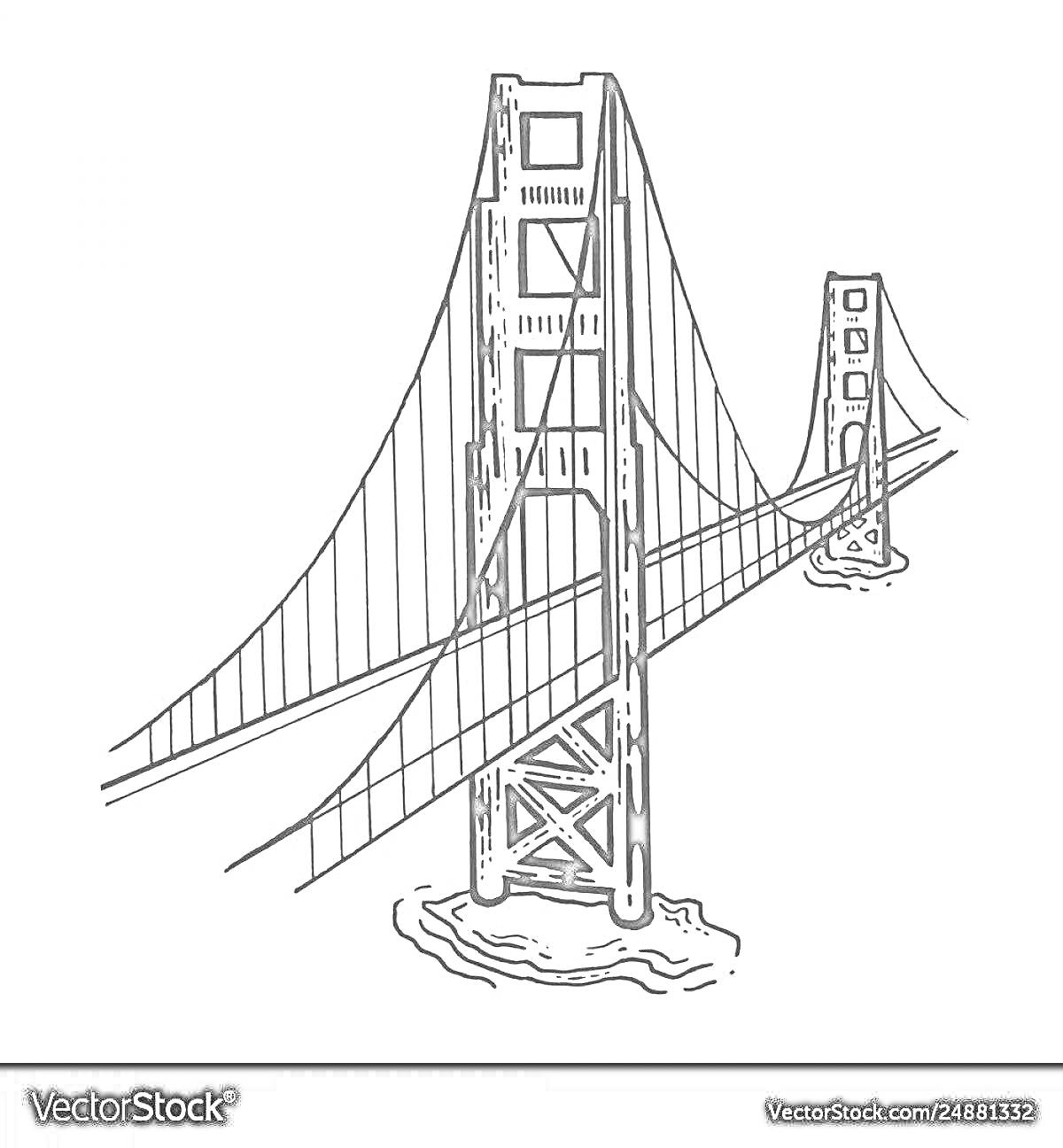 Раскраска Мост Золотые Ворота с двумя башнями и подвесными тросами, вид на воду и волны