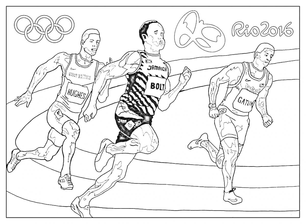 Раскраска Трое бегунов на Олимпийских играх 2016 в Рио, беговая дорожка, олимпийские кольца, логотип Рио 2016