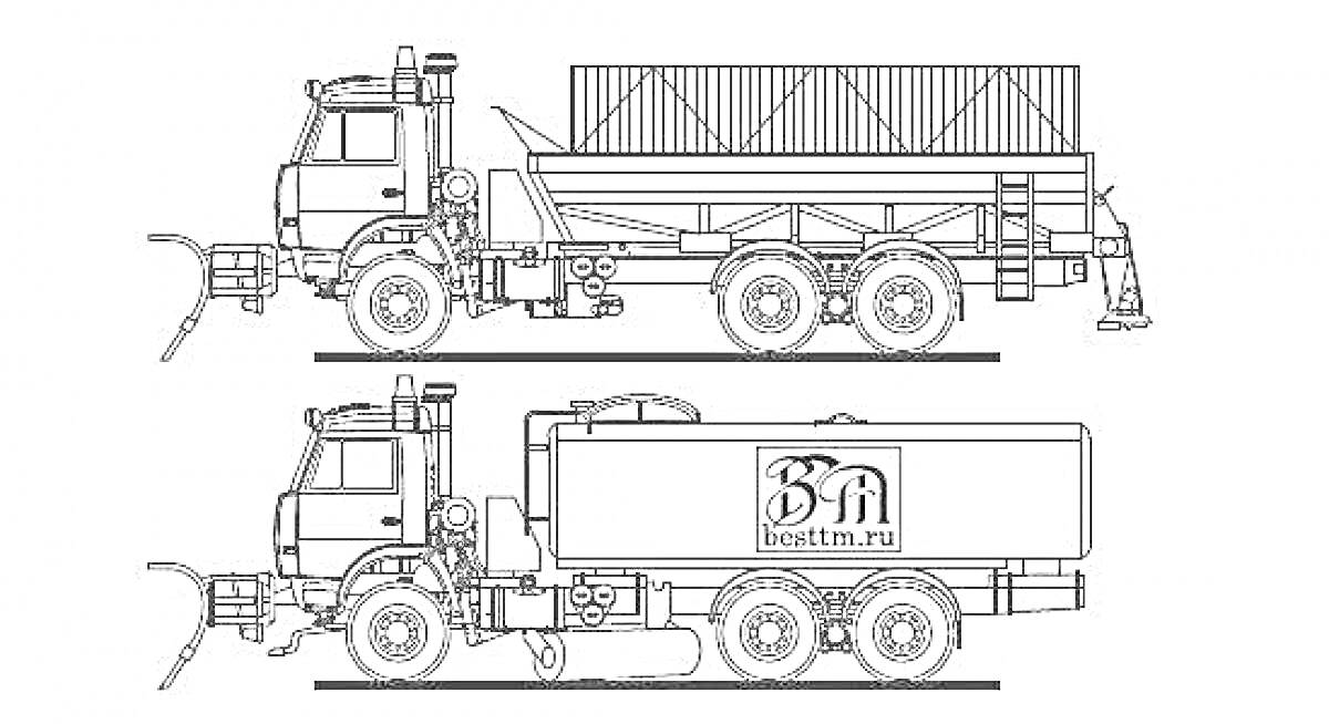 Раскраска Два изображения уборочных машин: верхнее - машина с открытым кузовом и распределителем, нижнее - машина с закрытым кузовом и логотипом на борту