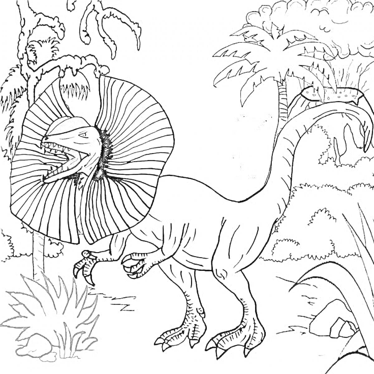 Раскраска Дилофозавр с раскрытым воротником на фоне леса с деревьями и кустарниками