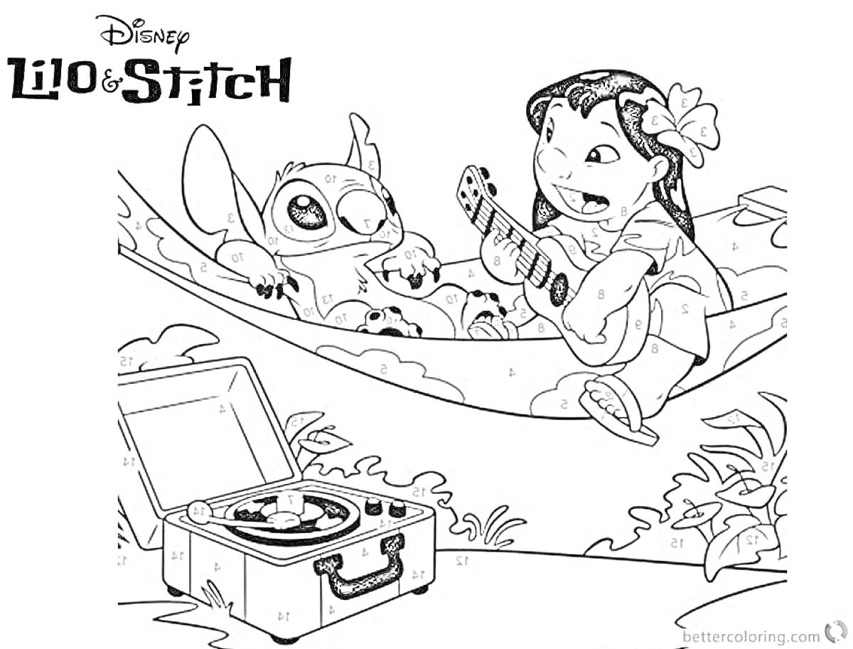 Раскраска Лило играет на укулеле для Стича, лежащего в гамаке, рядом проигрыватель пластинок