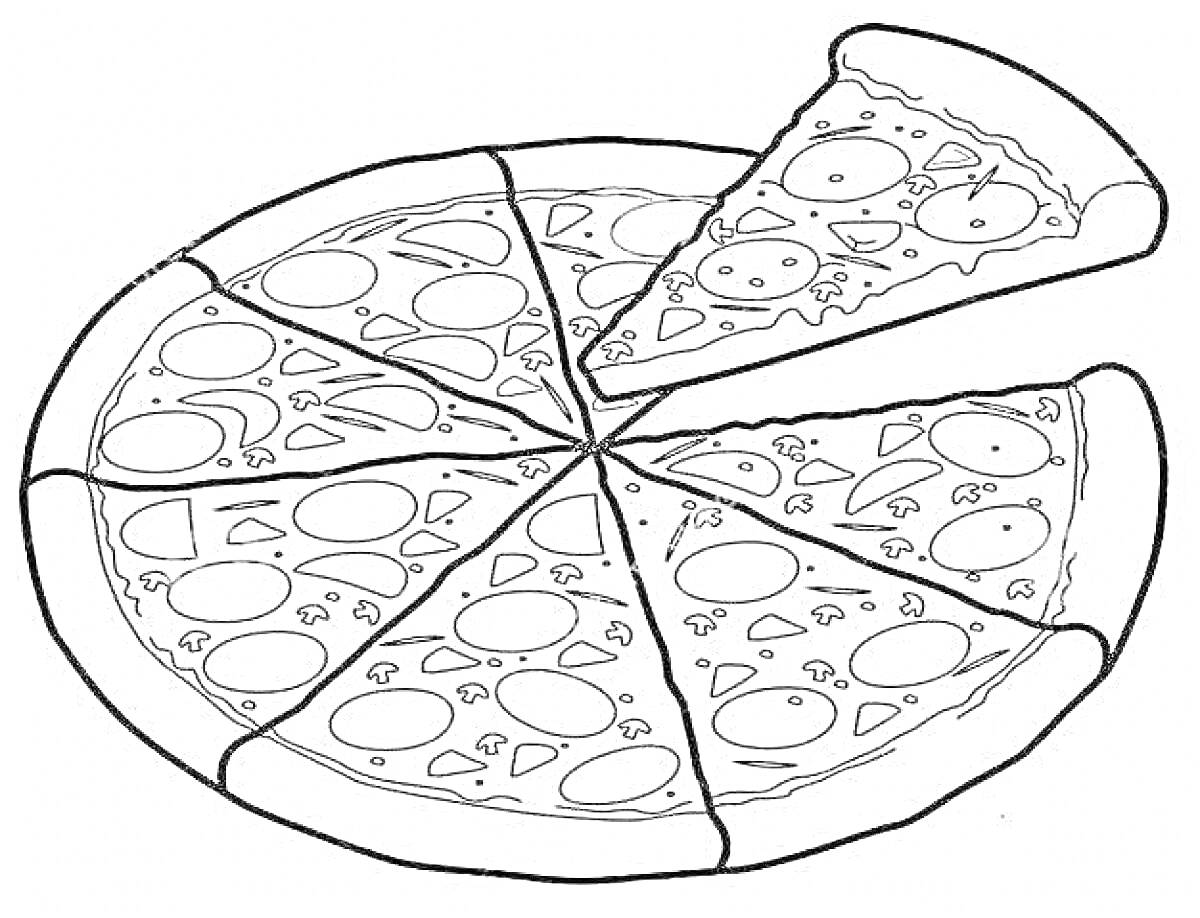 На раскраске изображено: Пицца, Кусочек пиццы, Грибы, Колбаса, Еда, Кусок