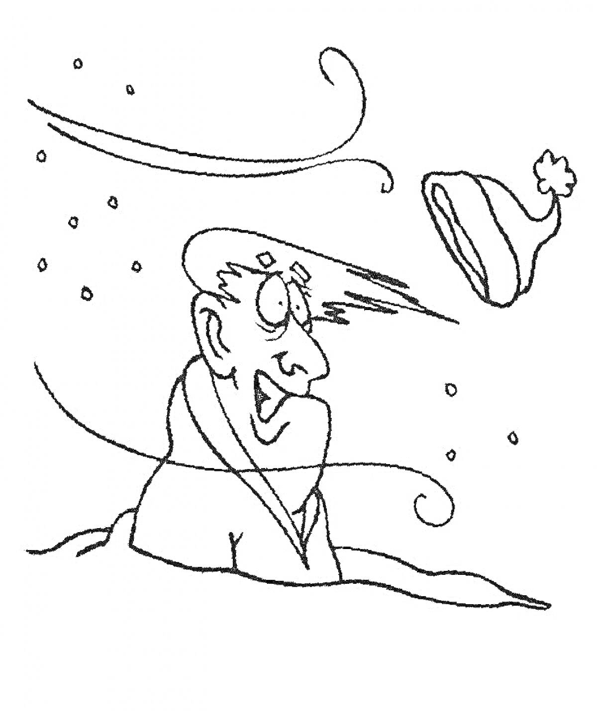 На раскраске изображено: Ветер, Человек, Шапка, Зима, Снежинки, Одежда, Холод