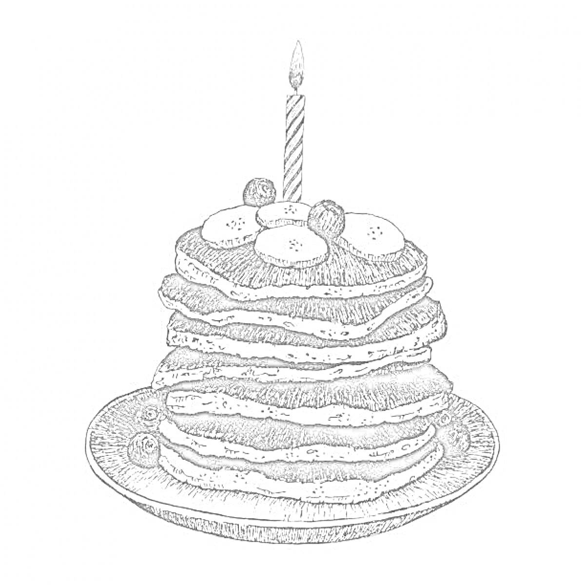 Раскраска Панкейк с ягодами, бананами и свечой