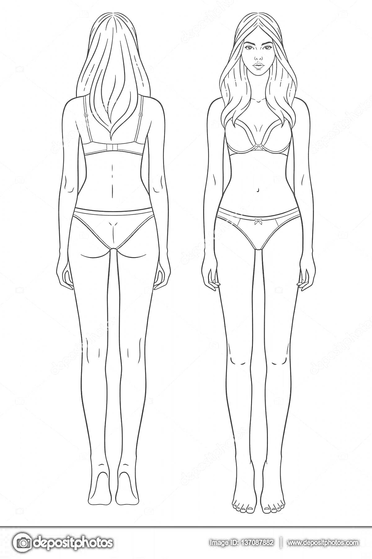 Раскраска Девушка в нижнем белье, вид спереди и сзади