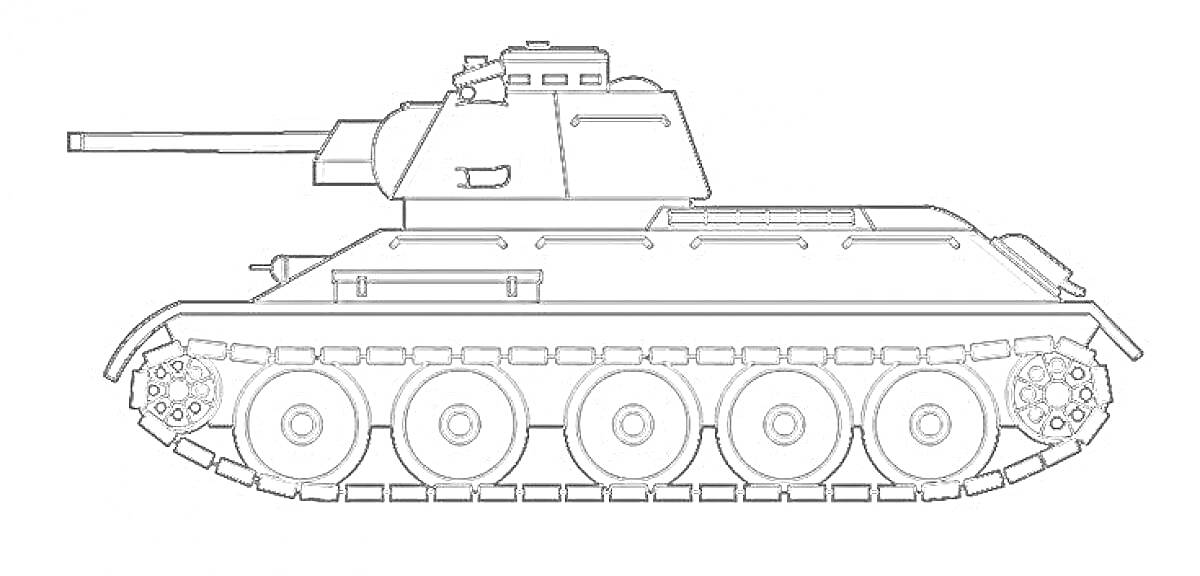 Раскраска Рисунок танка с пятью колесами и длинной пушкой