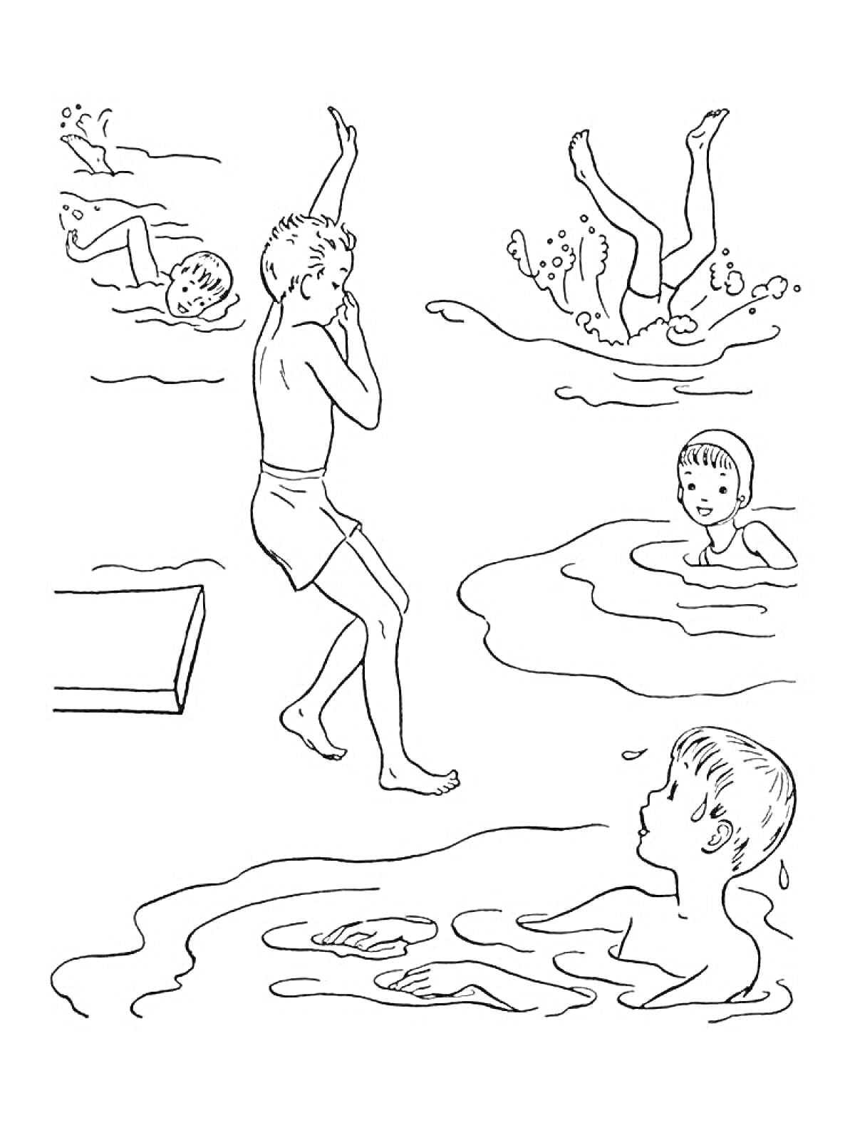 Раскраска Дети плавают и прыгают в воду.
