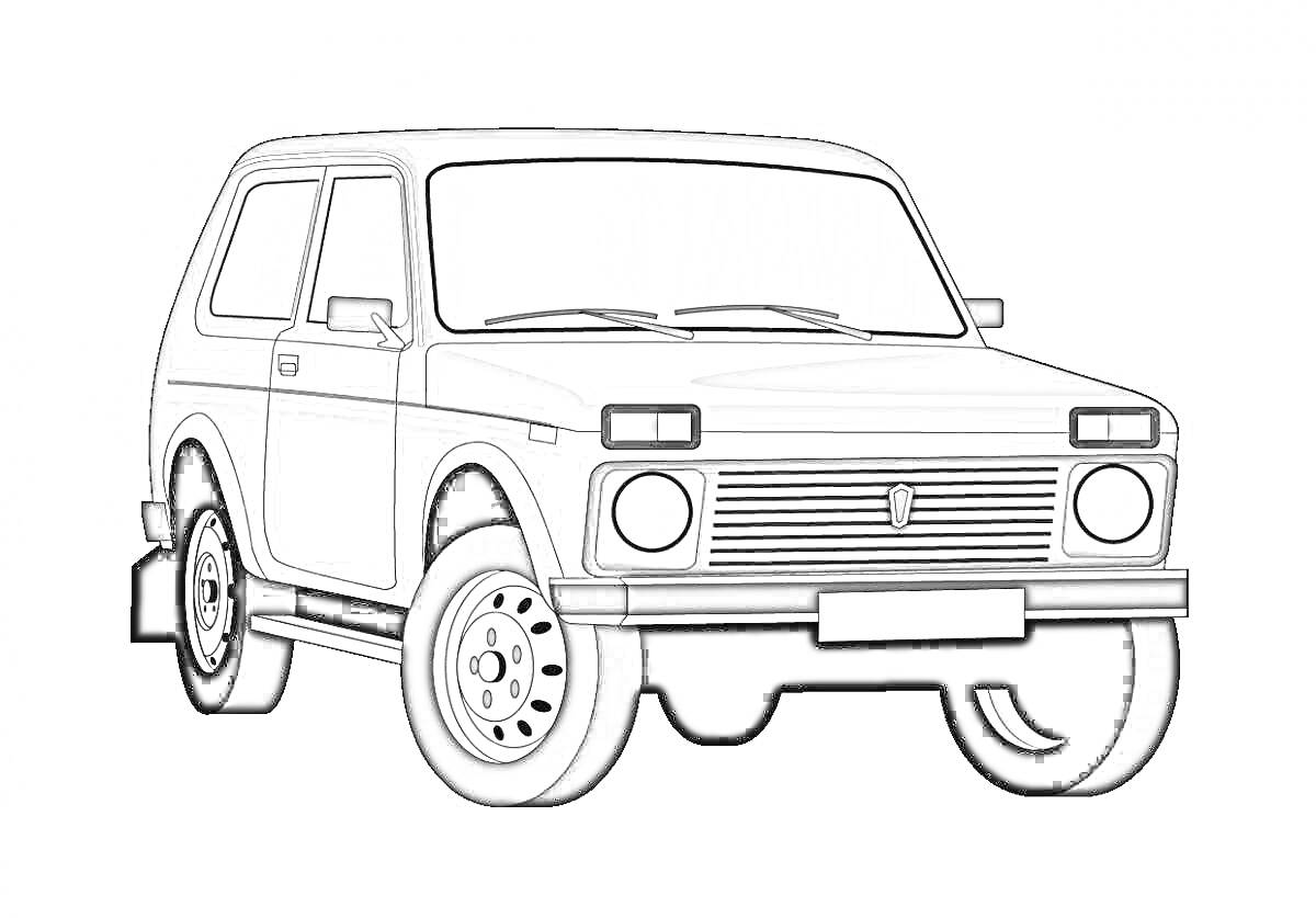 На раскраске изображено: Нива, Внедорожник, Для детей, Колёса, Фары