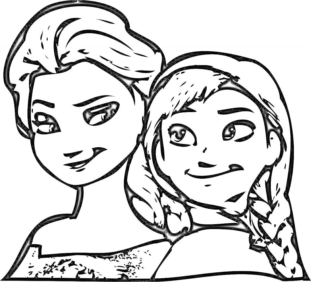 Раскраска Раскраска с изображением двух девушек с длинными волосами, одна из них с косичкой
