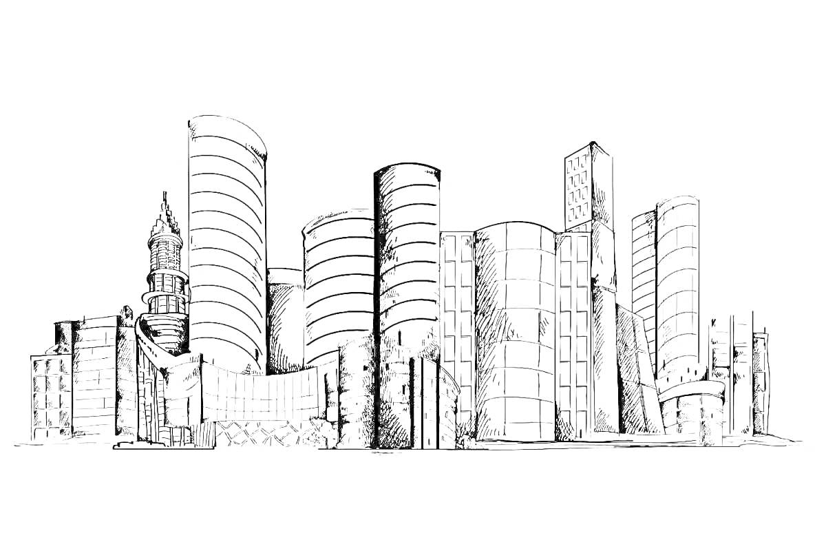 Раскраска Москва-Сити с высокими современными небоскребами и историческим зданием