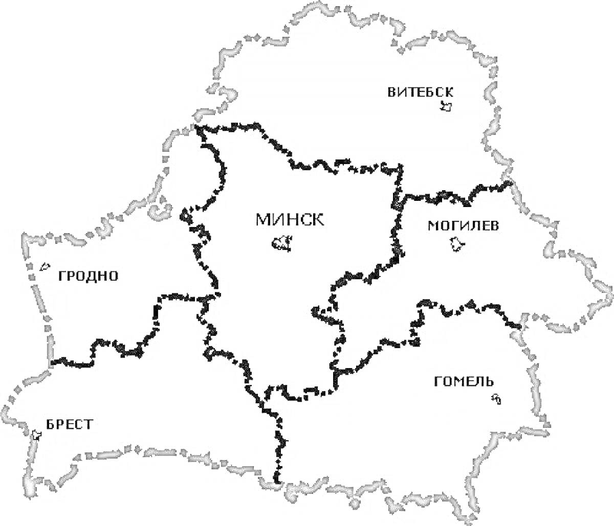 Карта Беларуси с областями (Гродно, Брест, Минск, Витебск, Могилев, Гомель)