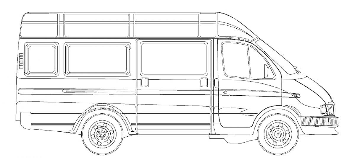На раскраске изображено: Газель, Микроавтобус, Транспорт, Окна