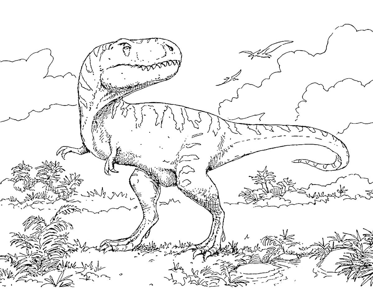 Раскраска Тираннозавр в доисторическом пейзаже с растительностью и летающими птеродактилями на фоне частично облачного неба