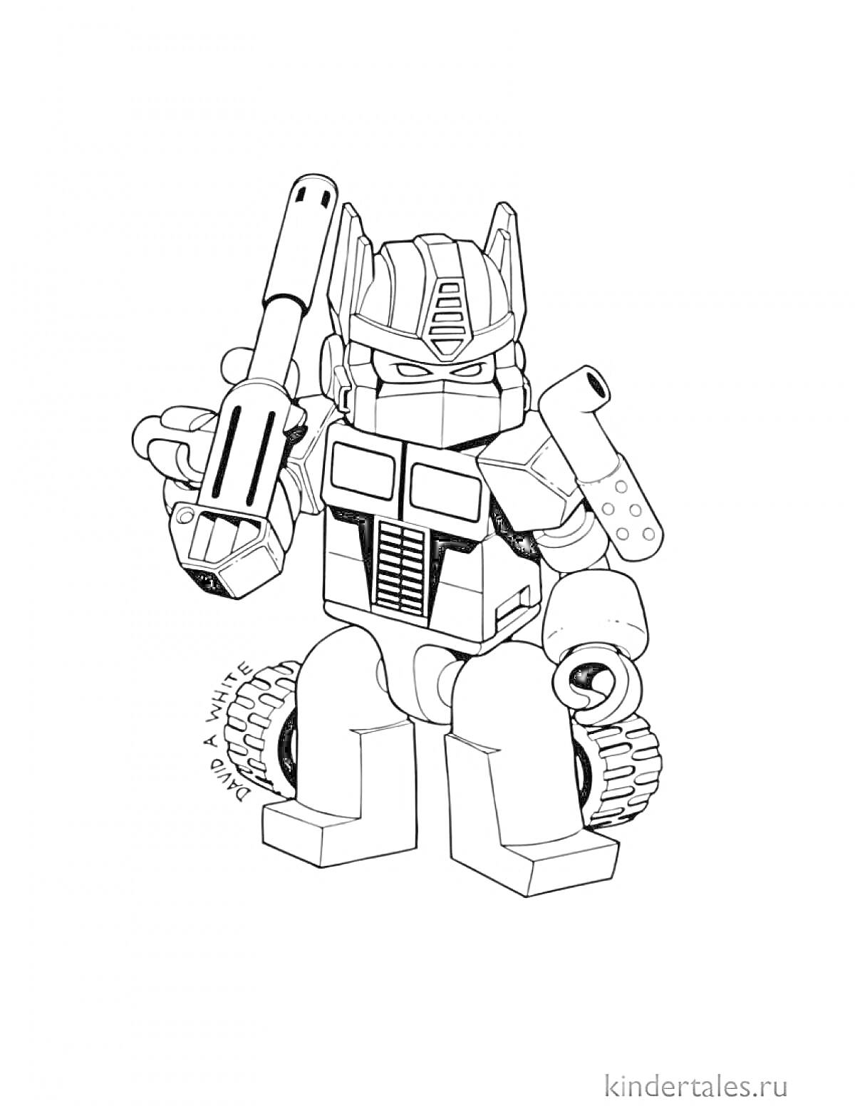 На раскраске изображено: Робот, Оружие, Колёса