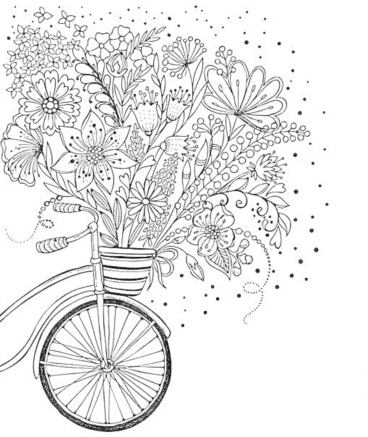 На раскраске изображено: Велосипед, Корзина, Цветы, Лепестки, Природа, Растительный орнамент, Для взрослых, Антистресс, Узоры