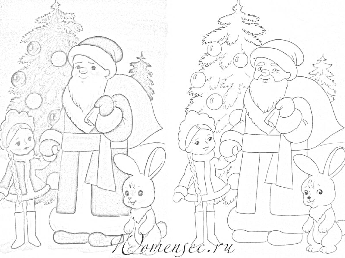 На раскраске изображено: Дед Мороз, Девочка, Кролик, Новогодняя ёлка, Игрушки, Новый год, Праздники