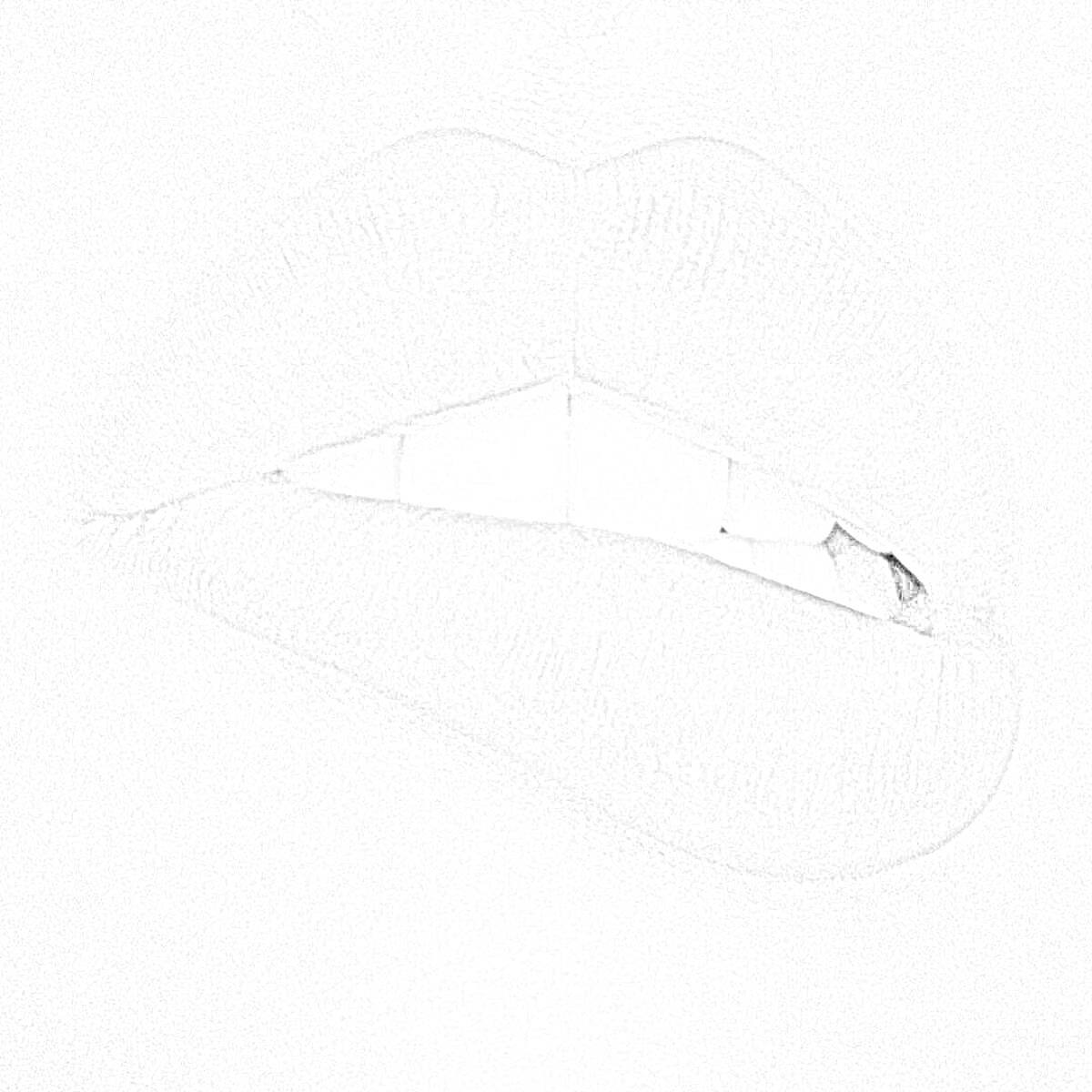 Раскраска Губы без помады, крупный план в черно-белом изображении, одна губа слегка прикушена