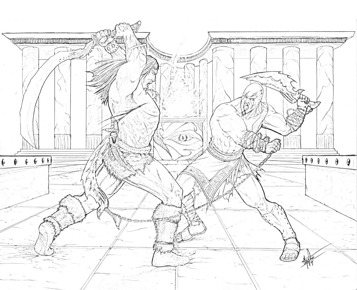Раскраска Два гладиатора в поединке на арене перед колоннами