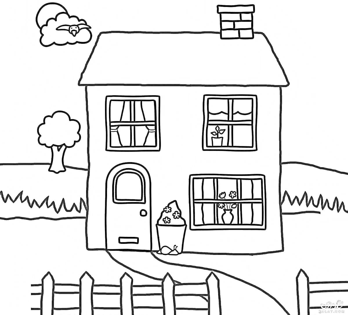 На раскраске изображено: Дом, Забор, Трава, Небо, Камни, Дымоход, Дверь