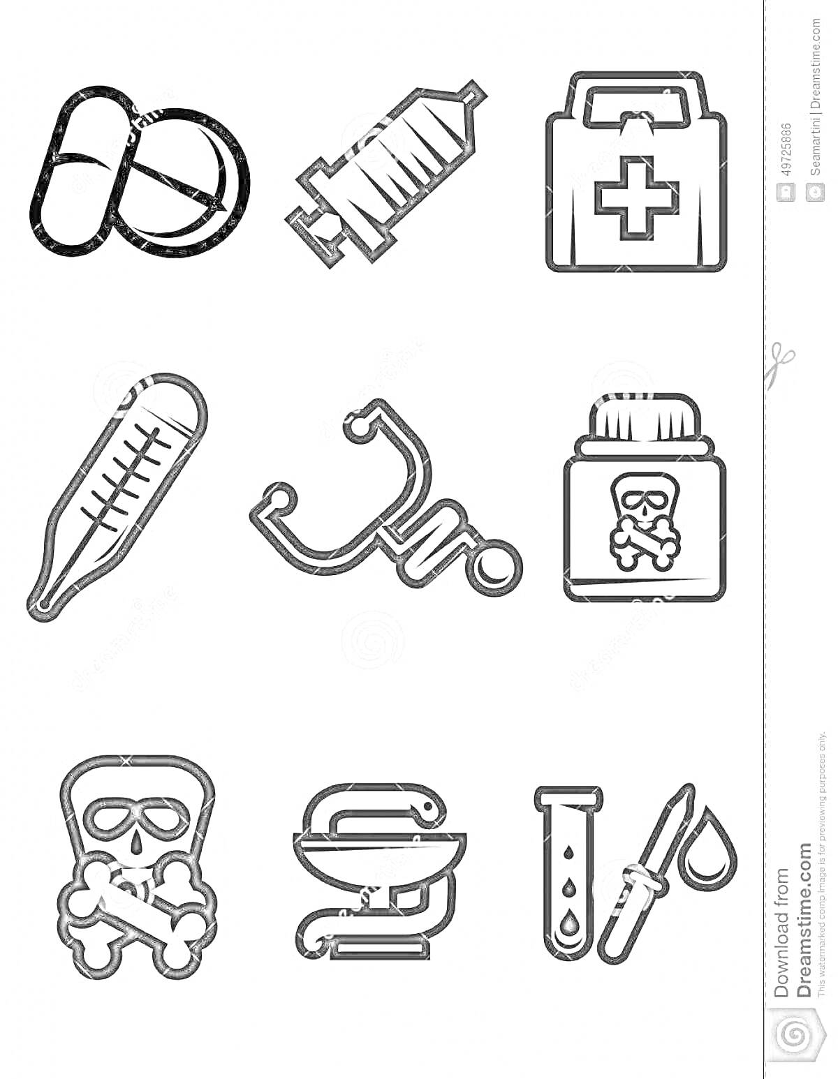 Раскраска с медицинскими инструментами для детей - таблетки, шприц, медицинская аптечка, термометр, стетоскоп, банка с ядом, знак опасности, чаша Гигеи, пробирка с пипеткой