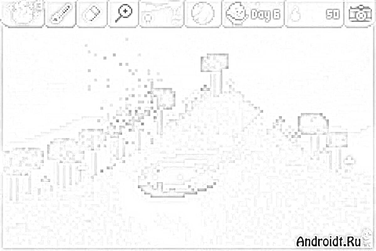 На раскраске изображено: Пиксельный арт, Игра, Деревья, Интерфейс, Ночь, Геймплей, Игровой процесс