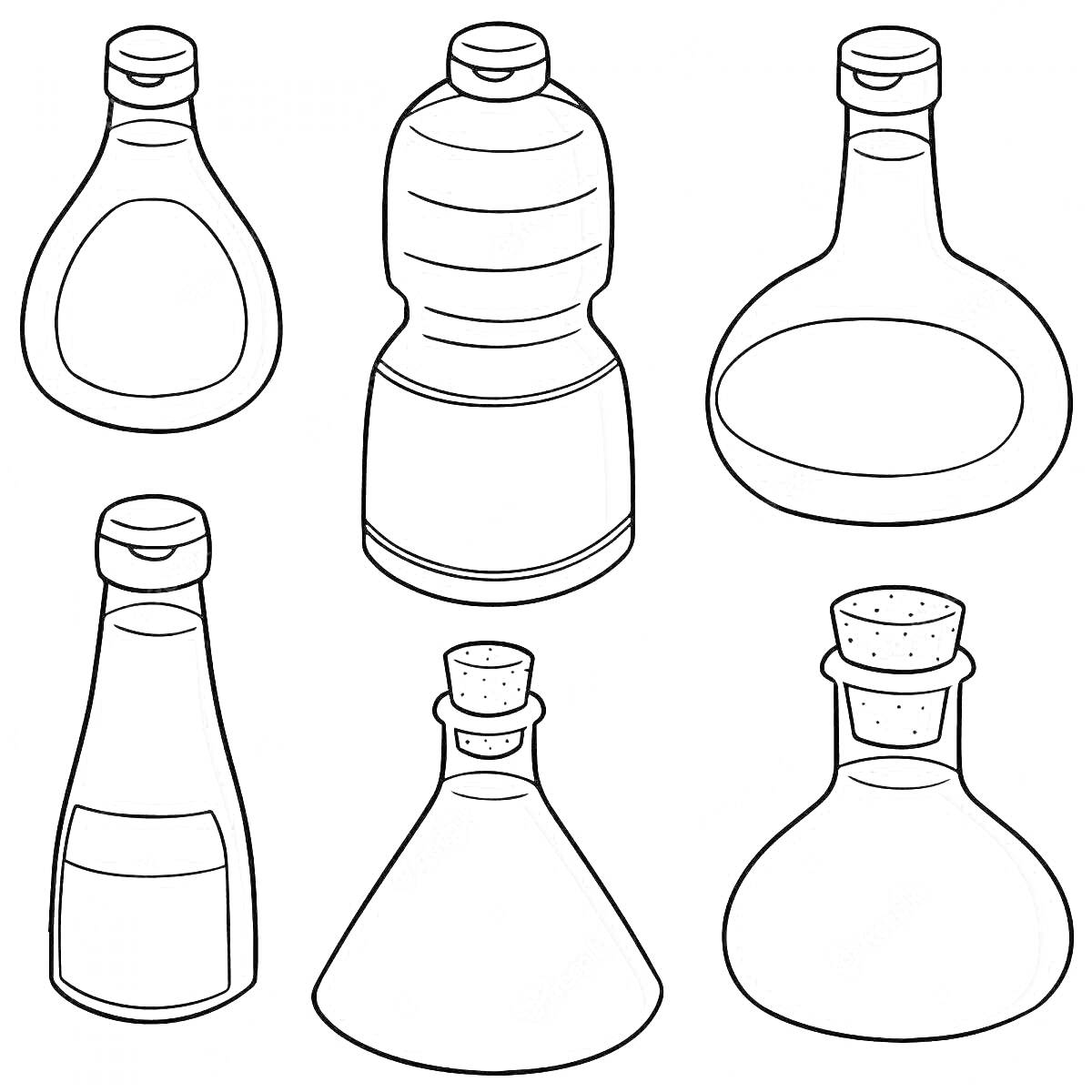 Раскраска Шесть бутылок растительного масла различных форм