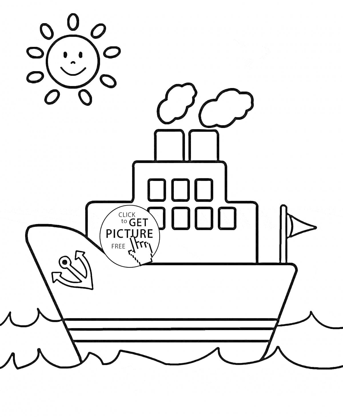 На раскраске изображено: Корабль, Море, Солнце, Флаг, Пароход, Волны, Транспорт, Водный транспорт
