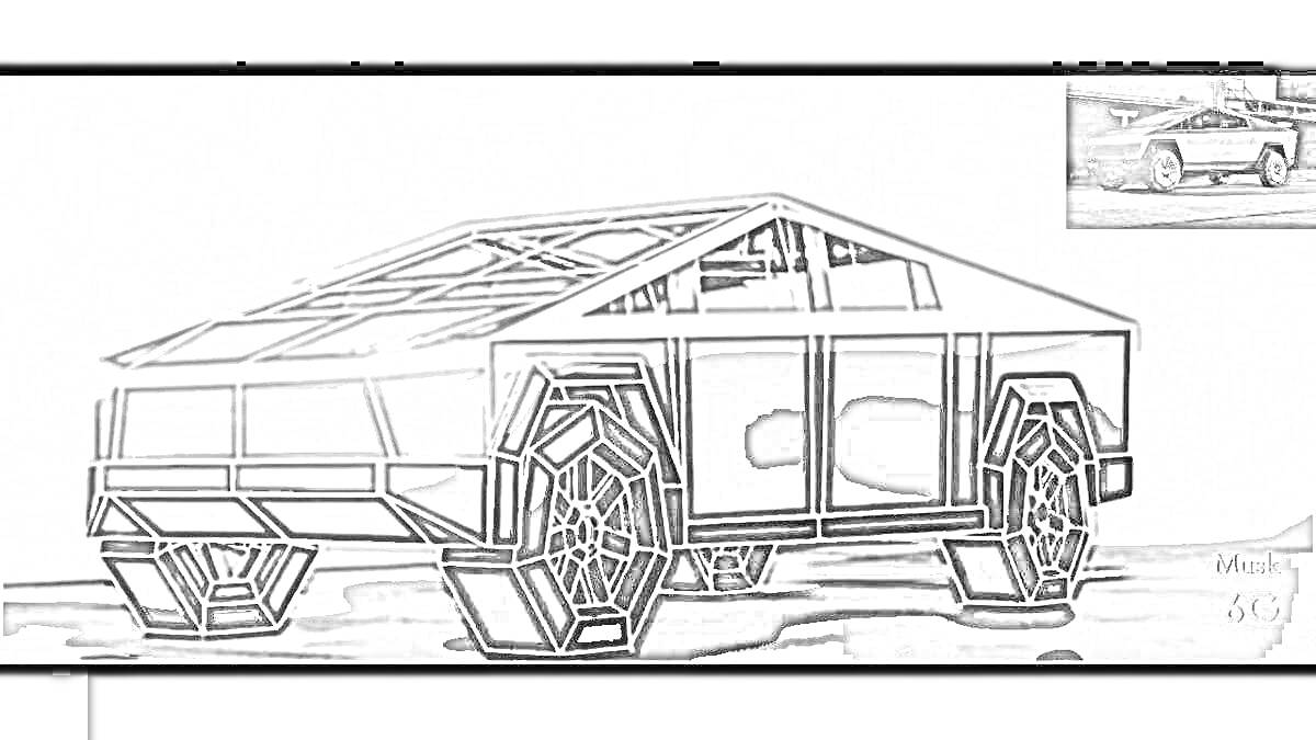 Раскраска Тесла Кибертрак с шестигранными колесами, вид сбоку, цветокоррекция
